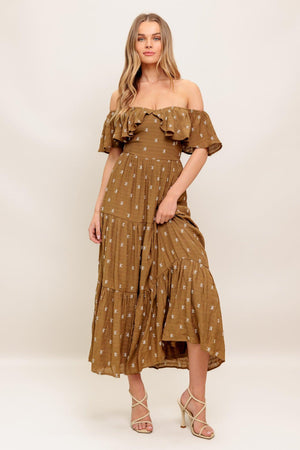 BELLE AMOUR BROWN WOVEN MIDI DRESS.