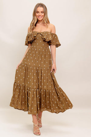 BELLE AMOUR BROWN WOVEN MIDI DRESS.