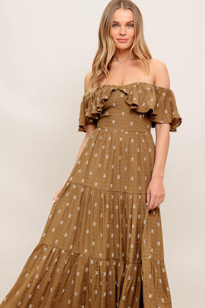BELLE AMOUR BROWN WOVEN MIDI DRESS.