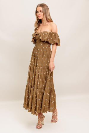 BELLE AMOUR BROWN WOVEN MIDI DRESS.