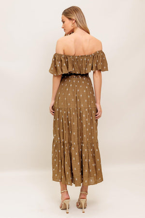 BELLE AMOUR BROWN WOVEN MIDI DRESS.