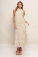 A stretch lace midi dress featuring mock neckline, sleeveless and back zipper closure