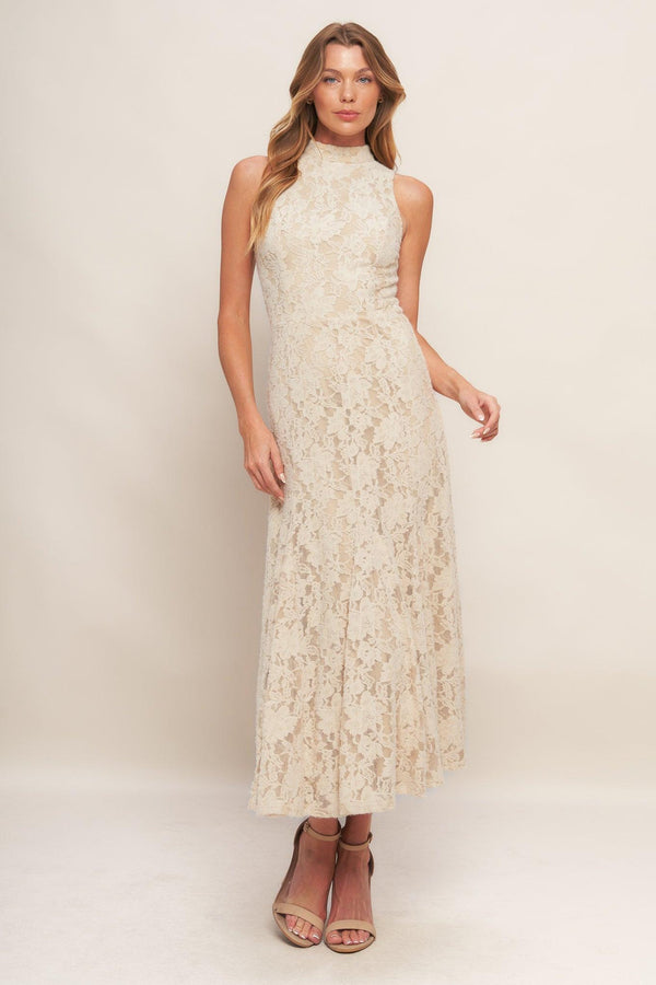 A stretch lace midi dress featuring mock neckline, sleeveless and back zipper closure
