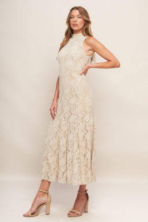 A stretch lace midi dress featuring mock neckline, sleeveless and back zipper closure