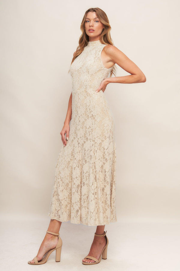 A stretch lace midi dress featuring mock neckline, sleeveless and back zipper closure
