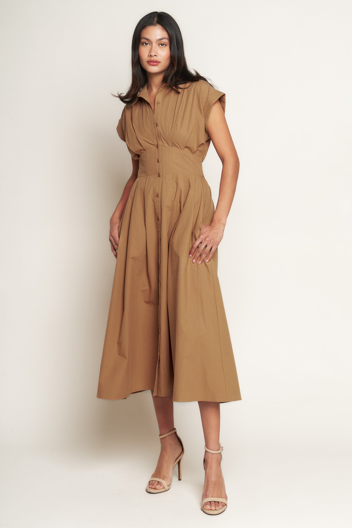 
A solid woven midi dress featuring collar, short cuffed sleeve, button down, wide waistband, full skirt and smocked back waistband

Details:

Self : 100% Polyester
Lining : 100% Polyester

Size &amp; Fit

- Model is 5`8" And Wearing Size Small
- Measurements Taken From Size Small
- Approx. Length: 51" Flying Tomato