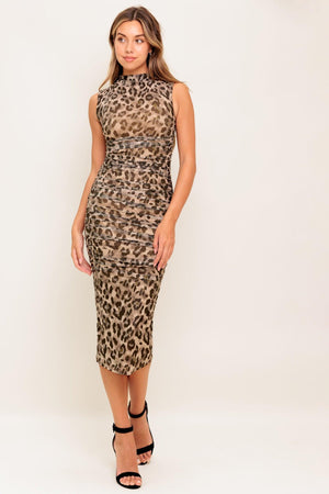 WILD INSTINCT LEOPARD POWER MESH MIDI DRESS.
