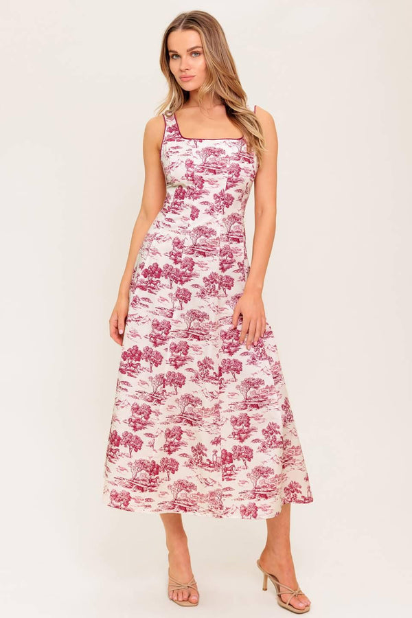A printed woven midi dress featuring square neckline, sleeveless, circle skirt and back zipper closure.
