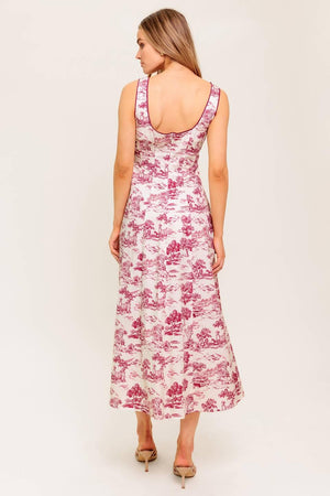 A printed woven midi dress featuring square neckline, sleeveless, circle skirt and back zipper closure.