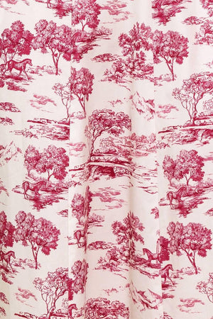 A printed woven midi dress featuring square neckline, sleeveless, circle skirt and back zipper closure.