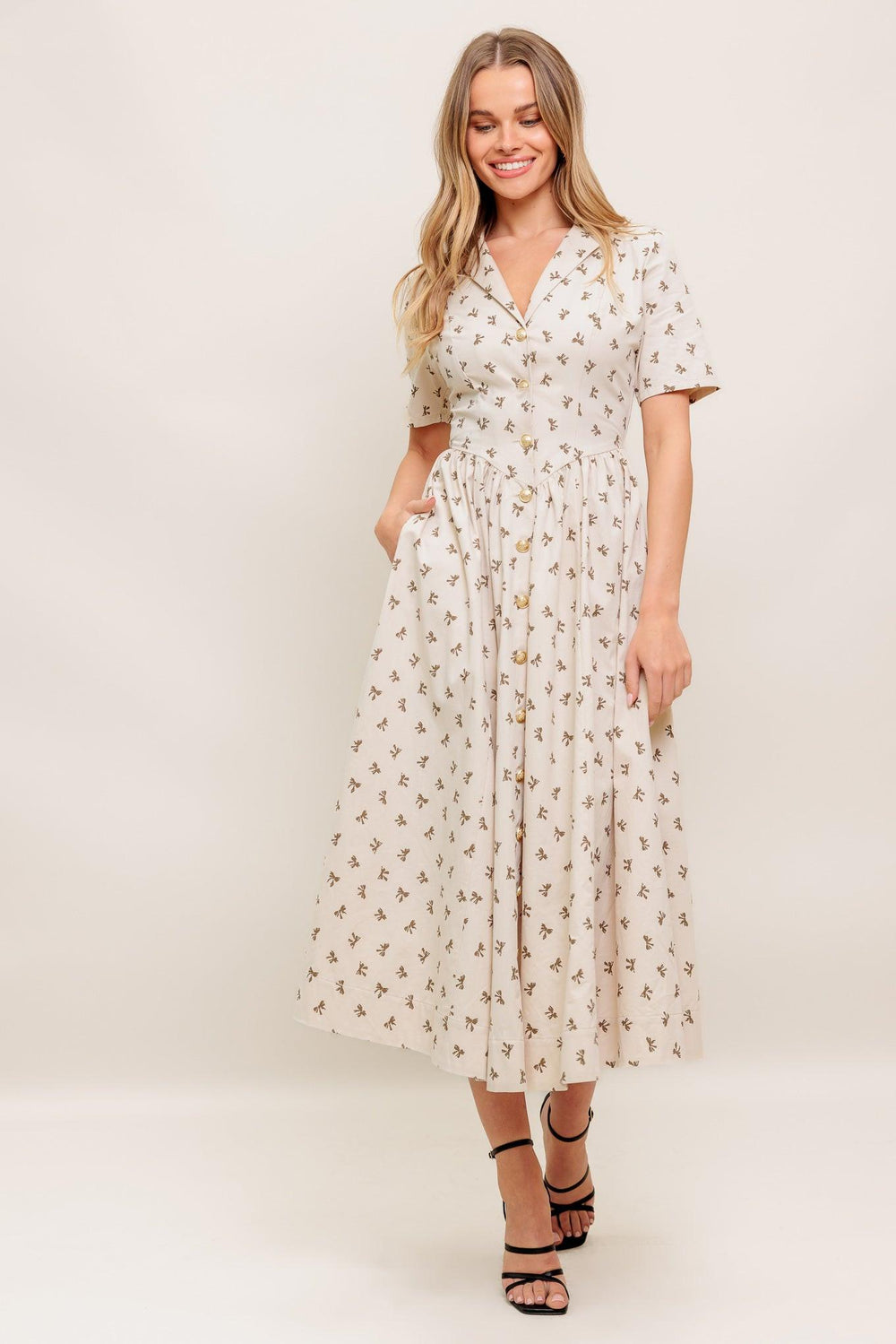 CANDY KISS BEIGE WOVEN MIDI DRESS.
