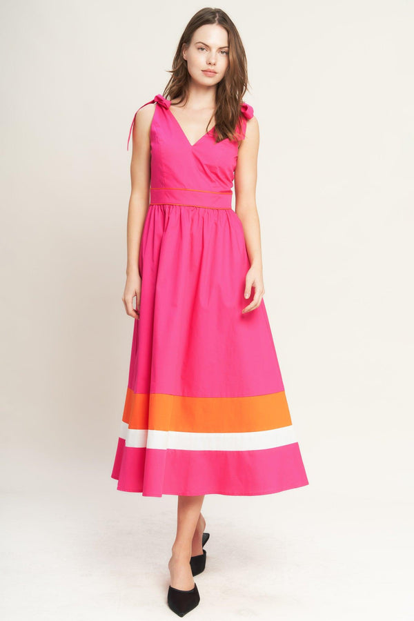 FOREST CHARM FUCHSIA ORANGE WOVEN MIDI DRESS.