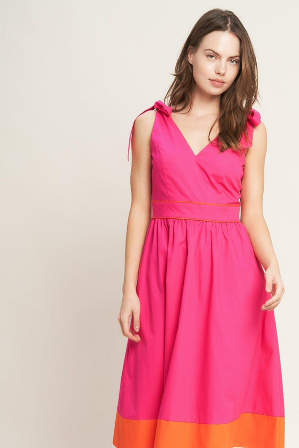FOREST CHARM FUCHSIA ORANGE WOVEN MIDI DRESS.