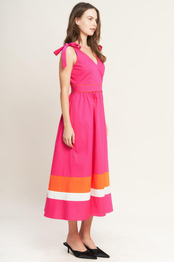 FOREST CHARM FUCHSIA ORANGE WOVEN MIDI DRESS.