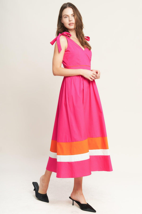 FOREST CHARM FUCHSIA ORANGE WOVEN MIDI DRESS.