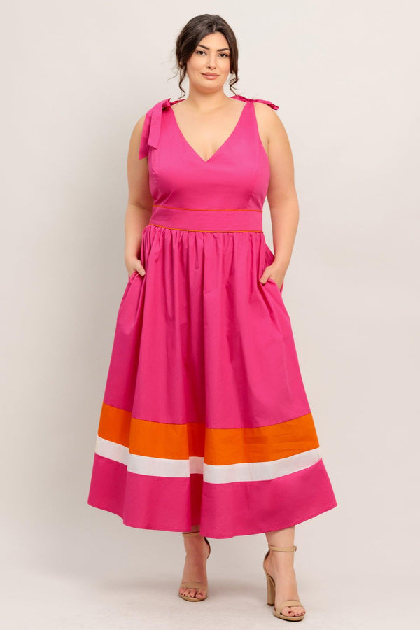 FOREST CHARM FUCHSIA ORANGE WOVEN MIDI DRESS.