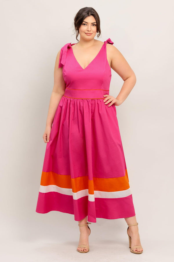 FOREST CHARM FUCHSIA ORANGE WOVEN MIDI DRESS.