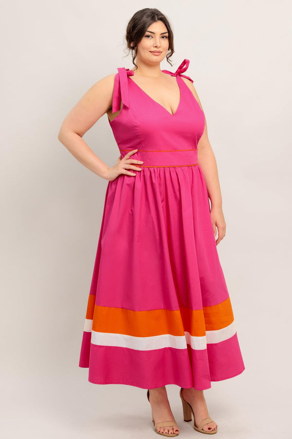FOREST CHARM FUCHSIA ORANGE WOVEN MIDI DRESS.