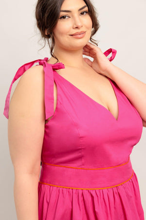 FOREST CHARM FUCHSIA ORANGE WOVEN MIDI DRESS.