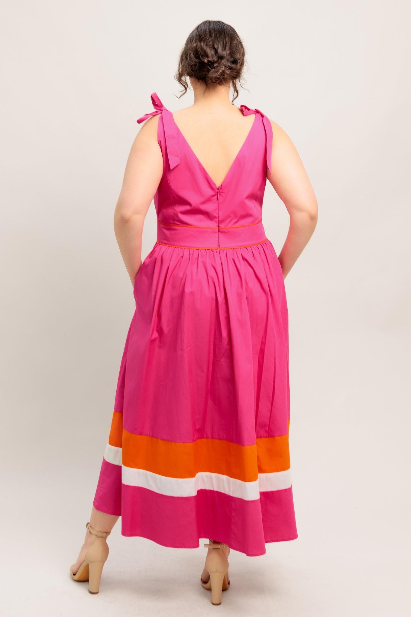 orange and fuchsia dress FOREST CHARM WOVEN COLOR BLOCKED MIDI DRESS l FLYING TOMATO FUCHSIA ORANGE / 3X