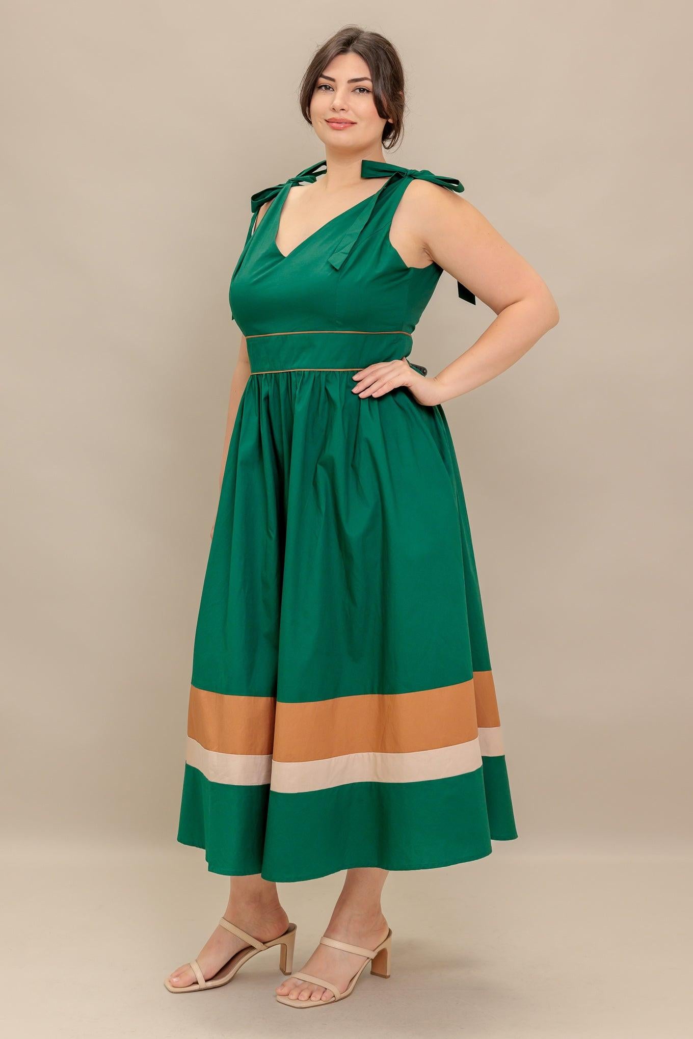 FOREST CHARM WOVEN COLOR BLOCKED MIDI DRESS l FLYING TOMATO GREEN TAUPE / M FOREST CHARM WOVEN COLOR BLOCKED MIDI DRESS l FLYING TOMATO GREEN TAUPE / M