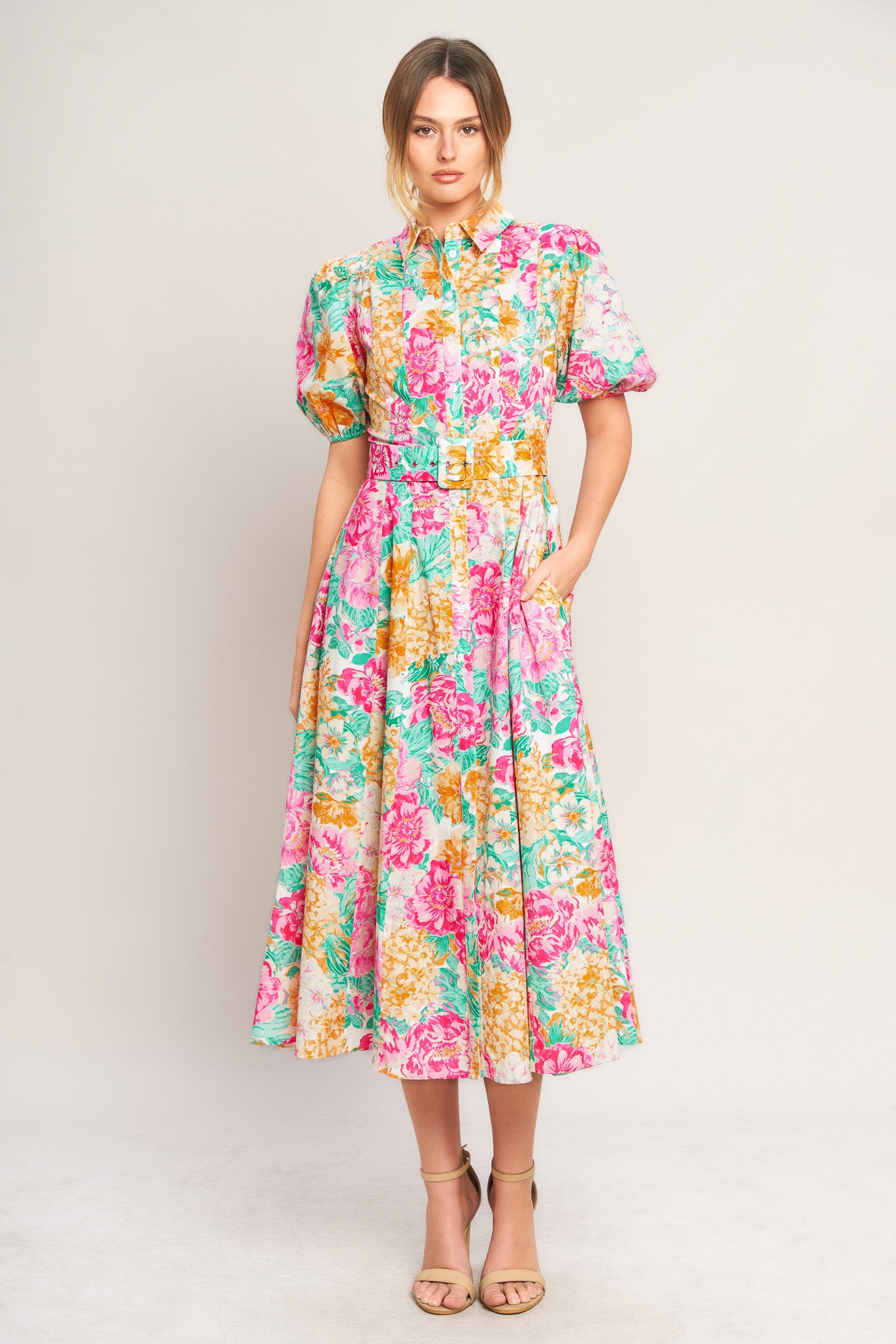BLOOMING GARDEN WOVEN MIDI DRESS
