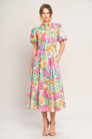 BLOOMING GARDEN WOVEN MIDI DRESS.