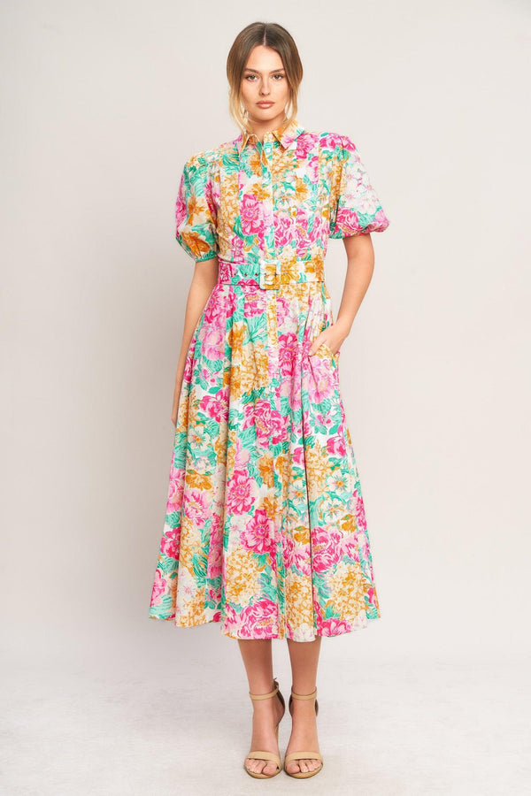 BLOOMING GARDEN WOVEN MIDI DRESS.