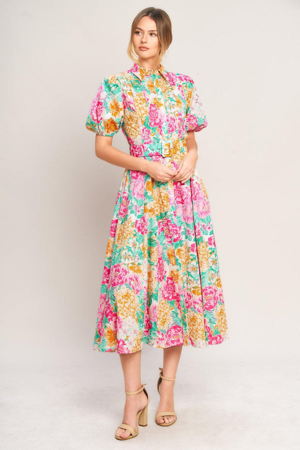 BLOOMING GARDEN WOVEN MIDI DRESS.
