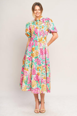 BLOOMING GARDEN WOVEN MIDI DRESS.