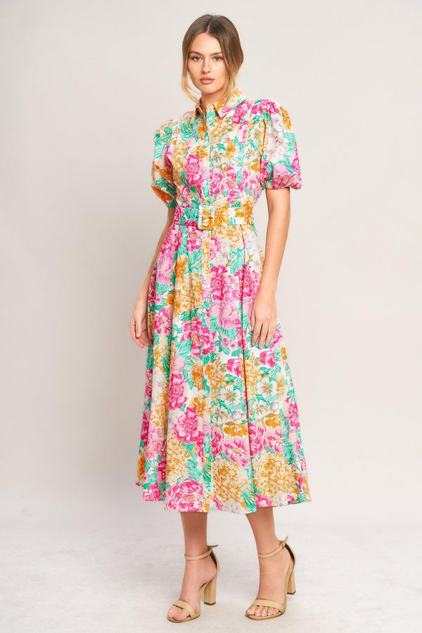 BLOOMING GARDEN WOVEN MIDI DRESS.