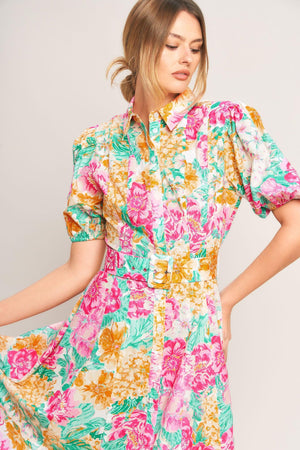 BLOOMING GARDEN WOVEN MIDI DRESS.