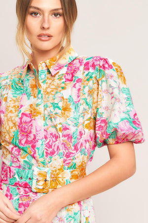 BLOOMING GARDEN WOVEN MIDI DRESS.
