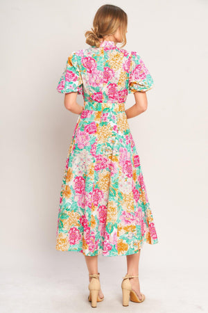 BLOOMING GARDEN WOVEN MIDI DRESS.