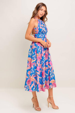 SUN-KISSED FLOWER WOVEN MIDI DRESS.