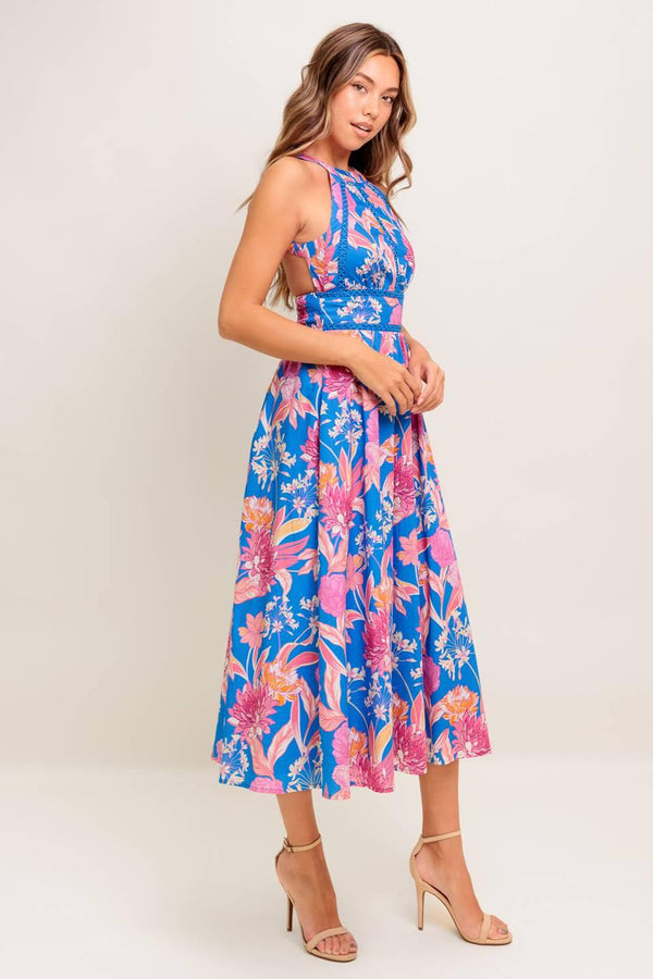 SUN-KISSED FLOWER WOVEN MIDI DRESS.