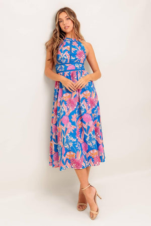 SUN-KISSED FLOWER WOVEN MIDI DRESS.