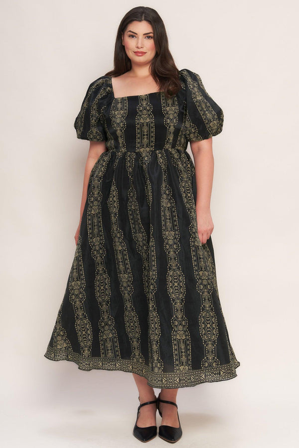 VINTAGE SQUARE WOVEN MIDI DRESS.