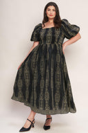 VINTAGE SQUARE WOVEN MIDI DRESS.