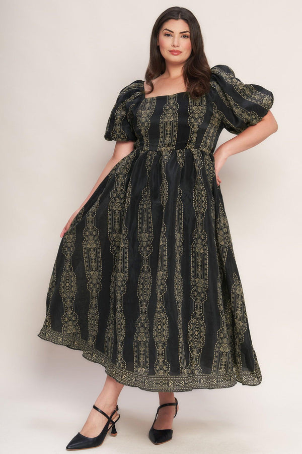 VINTAGE SQUARE WOVEN MIDI DRESS.