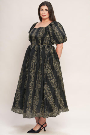 VINTAGE SQUARE WOVEN MIDI DRESS.
