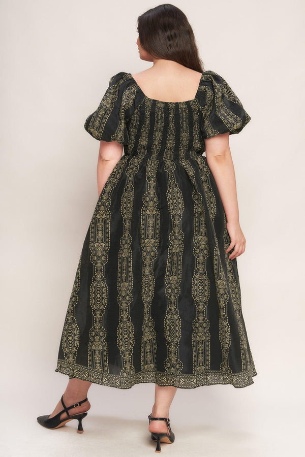 VINTAGE SQUARE WOVEN MIDI DRESS.