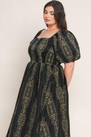 VINTAGE SQUARE WOVEN MIDI DRESS.
