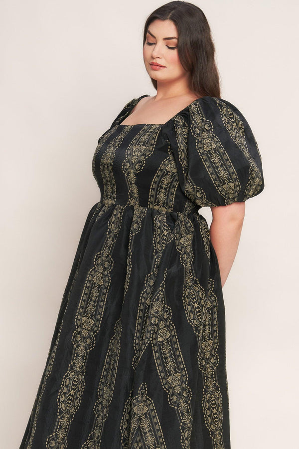VINTAGE SQUARE WOVEN MIDI DRESS.