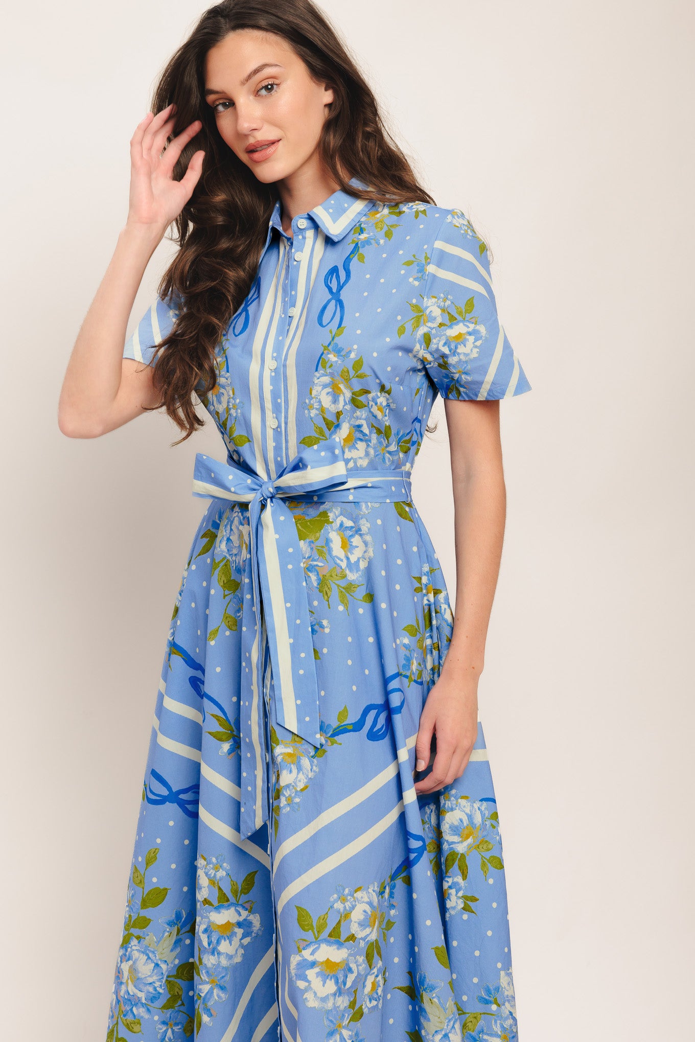 A printed woven midi dress featuring collar, short sleeve, button down, self sash tie and circle skirt

Details:

Self: 100% Cotton

Size & Fit

-Model is 5`8" And Wearing Size Small
-Measurements Taken From Size Small
-Approx. Length: 51"
