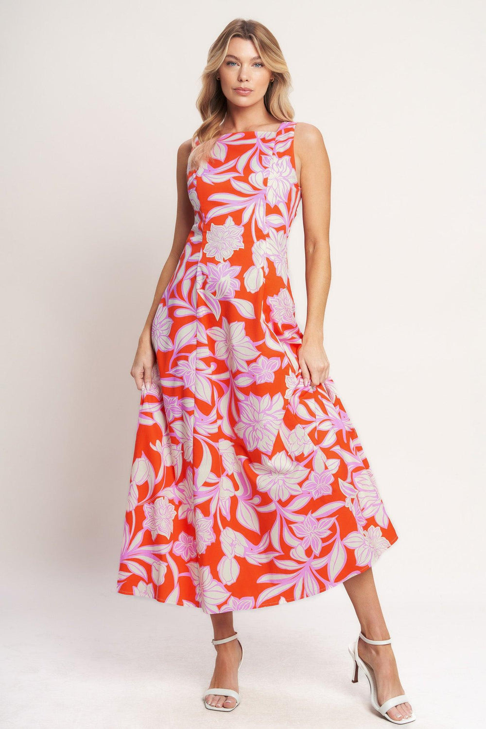 
A printed woven midi dress featuring square neckline, sleeveless, circle skirt, bare back with tie and zipper closure

Details:

Self : 100% Cotton
Lining : 100% Polyester

Size &amp; Fit

- Model is 5`8" And Wearing Size Small
- Measurements Taken From Size Small
- Approx. Length: 52"