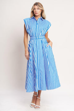
A striped woven midi dress featuring collar, short sleeve, front button down and self belt

Details:

Self : 100% Cotton

Size & Fit

- Model is 5`8" And Wearing Size Small
- Measurements Taken From Size Small
- Approx. Length: 54"