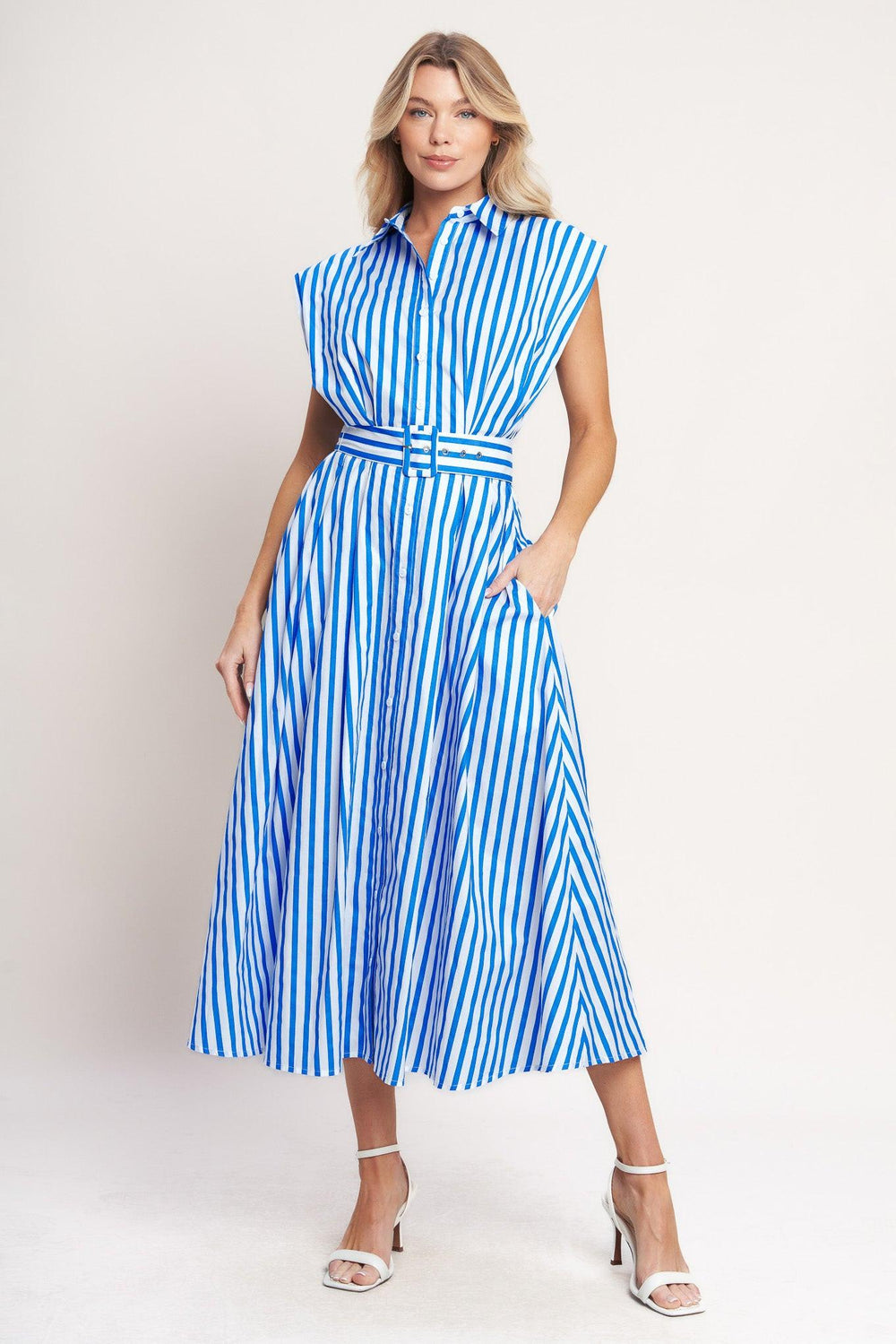 
A striped woven midi dress featuring collar, short sleeve, front button down and self belt

Details:

Self : 100% Cotton

Size & Fit

- Model is 5`8" And Wearing Size Small
- Measurements Taken From Size Small
- Approx. Length: 54"