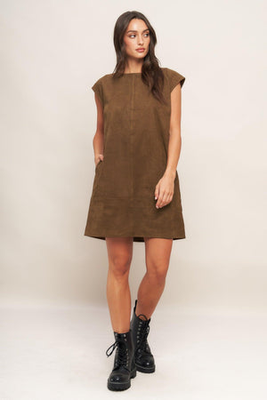 A faux suede midi shift dress featuring round neckline, cap sleeve and back neck tie closure