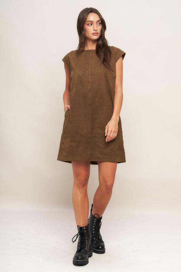 A faux suede midi shift dress featuring round neckline, cap sleeve and back neck tie closure